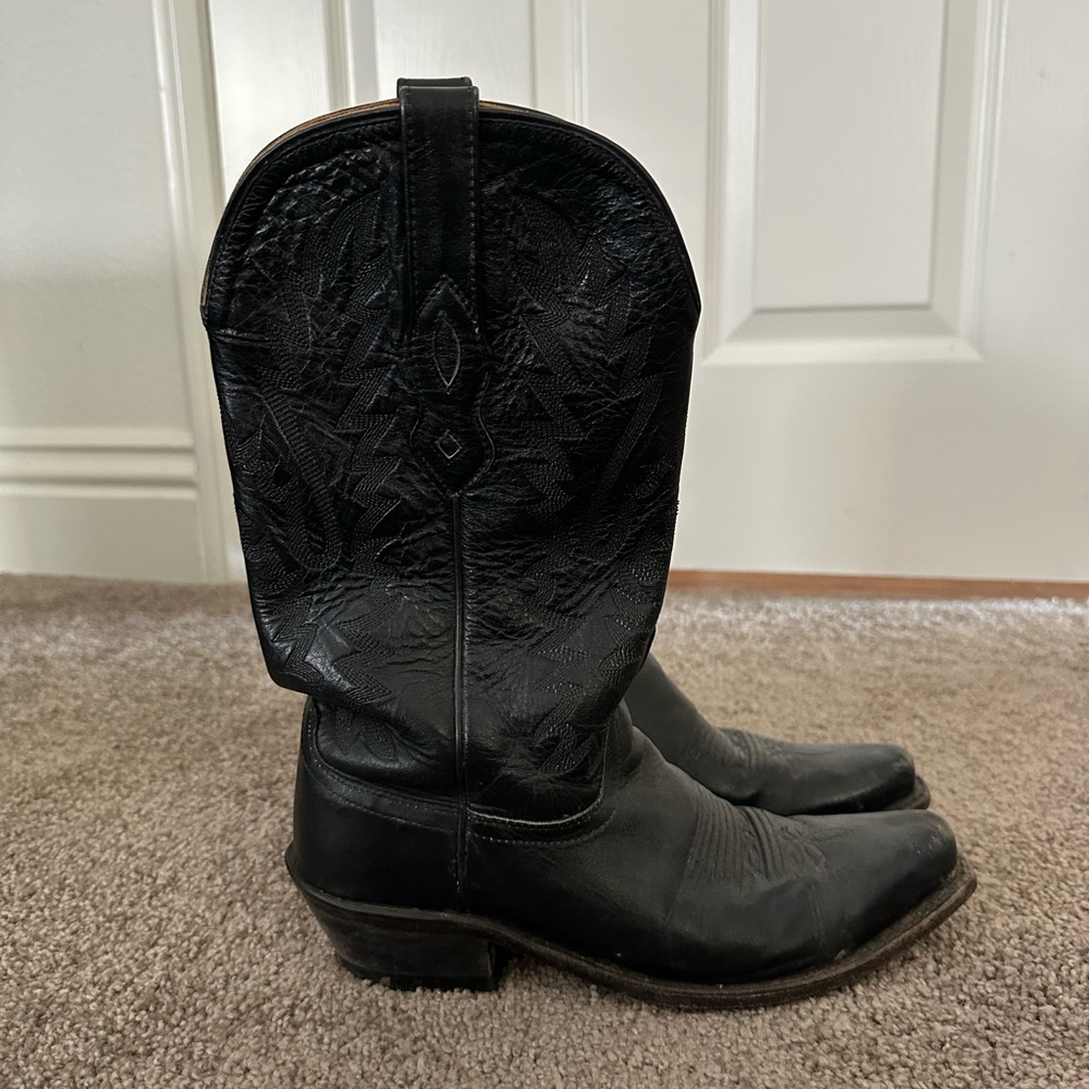 Old West Black Leather Western Heeled Boots